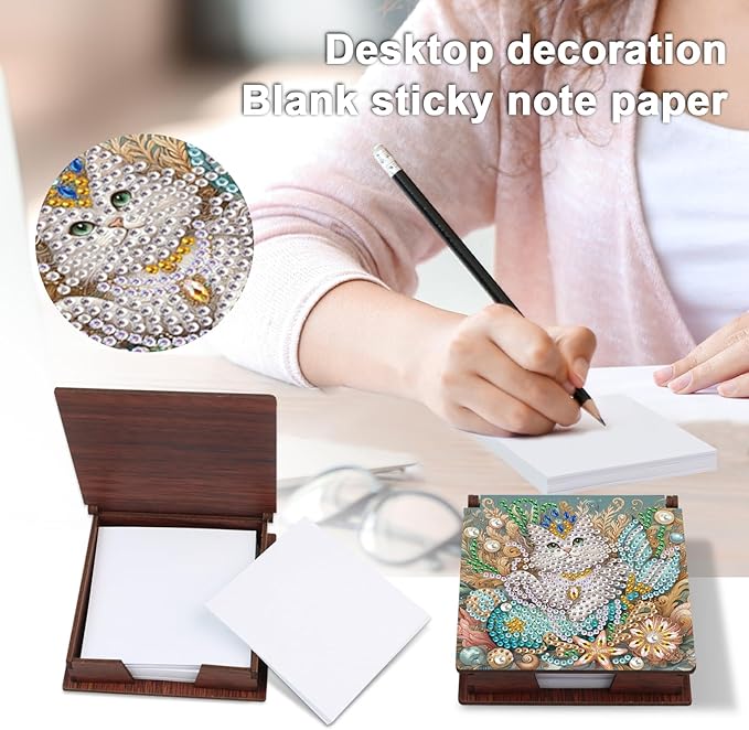 Wooden DIY White Cat Diamond Art Notecard Box – DIY Gem Art Sticky Note Holder for Adults 160 Sheets Memo Pad Storage