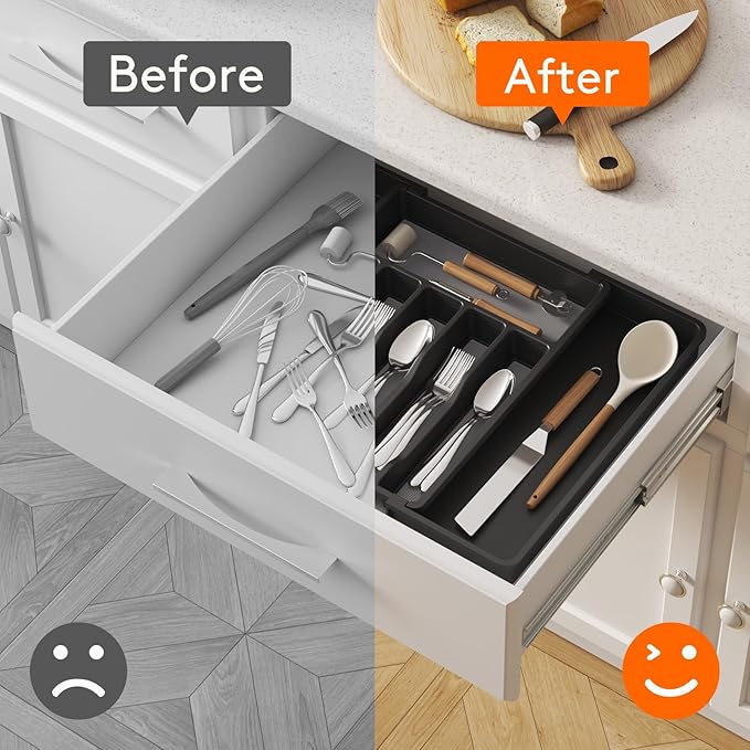 Lifewit Silverware Drawer Organizer, Expandable Utensil Tray with Non-Slip TPR, Deep Flatware Cutlery Holder, Adjustable Plastic Kitchen Storage for Spoons Forks Knives, Large, Black and Gray