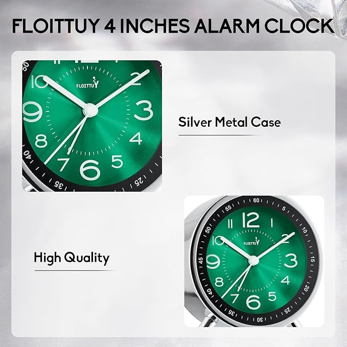 Super Silent Metal Alarm Clock,Beep Wake Round Alarm Clock with Strip Night Light,Battery Operated,Easy Set,Simple & Retro for Desk, Bedroom and Home Decoration(Emerald Green)