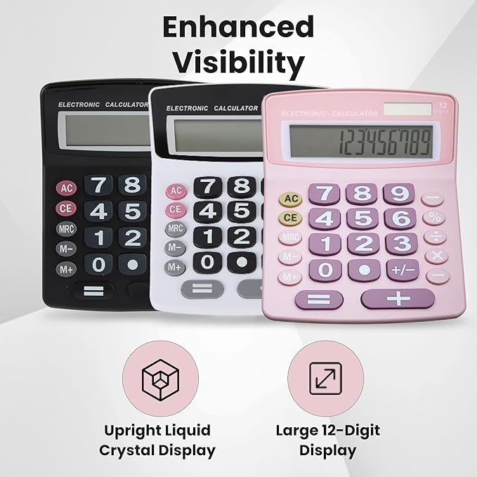 Lily' Home Jumbo 12 Digit with Solar Power, Large LCD Display - Desktop Calculator, Dual Power, Large Button Design, Battery Operation, Easy-to-Read Tilted, for Home, Office, School & Business - Pink