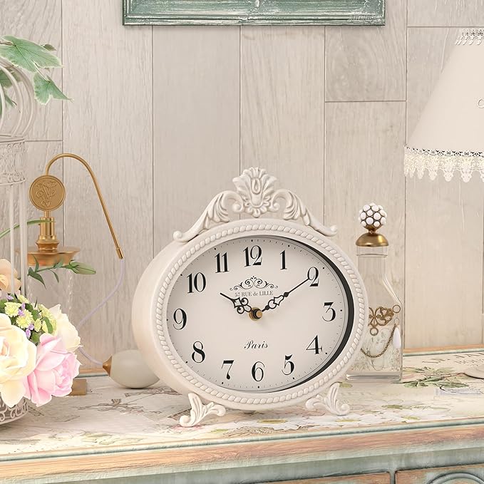 Abdurey Vintage Table Clock on Stand,Desk and Shelf Decorative Clock,French Rustic Style Mantel Clocks,Metal Frame Antique White Finish,Farmhouse,Bedroom, Bedside,Living Room,Gift Clocks