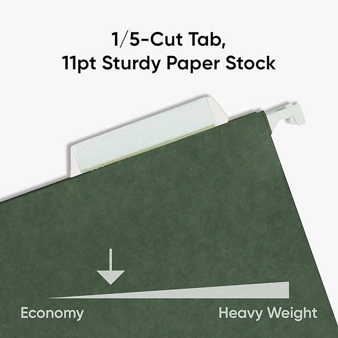 Smead Hanging File Folder, 1/5-Cut Adjustable Tab, Letter Size, Standard Green, Hanging Folders for Filing Cabinets, File Organizer Folder (50)