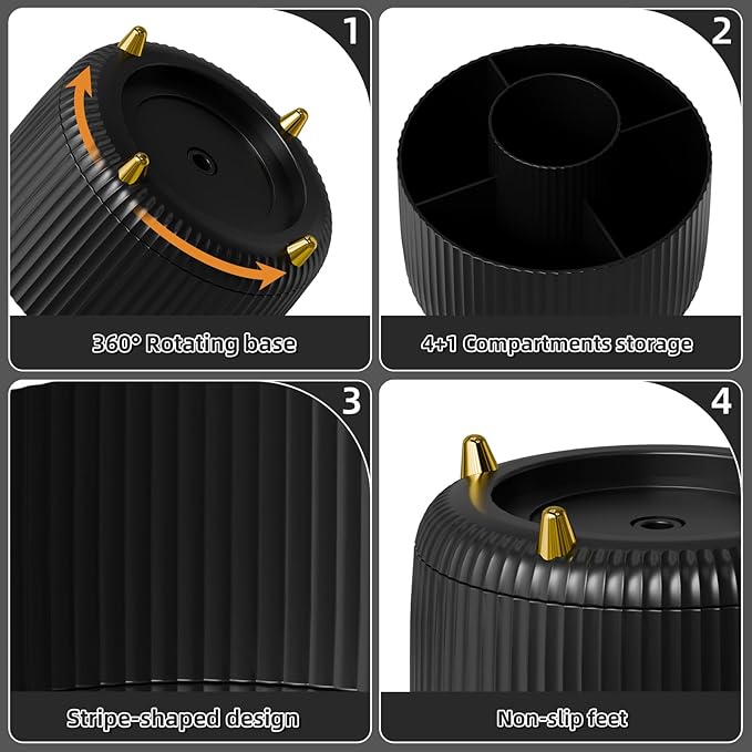 Marbrasse Desk Organizer, 360-Degree Rotating Pen Holder, Desk Organizers and Accessories with 5 Compartments Pencil Holder, Art Supply Storage Box Caddy for Office, Home (Black)