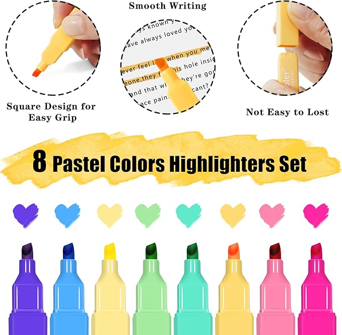 Piochoo Aesthetic Highlighters, 8 Pack Marker Pens, Assorted Color Highlighters,Cute Pastel Highlighte, No Bleed Highlighte for Bible Journaling Planner Notes School Supplies