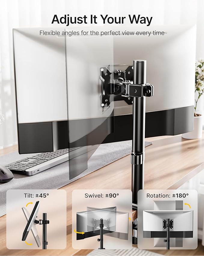 monTEK Single Monitor Stand, Stable Monitor Arm for 17-32 inch& 22lbs Capacity Screen, Height Adjustable Desk Mount with C Clamp and Grommet Base, VESA 75 * 75MM/ 100 * 100MM