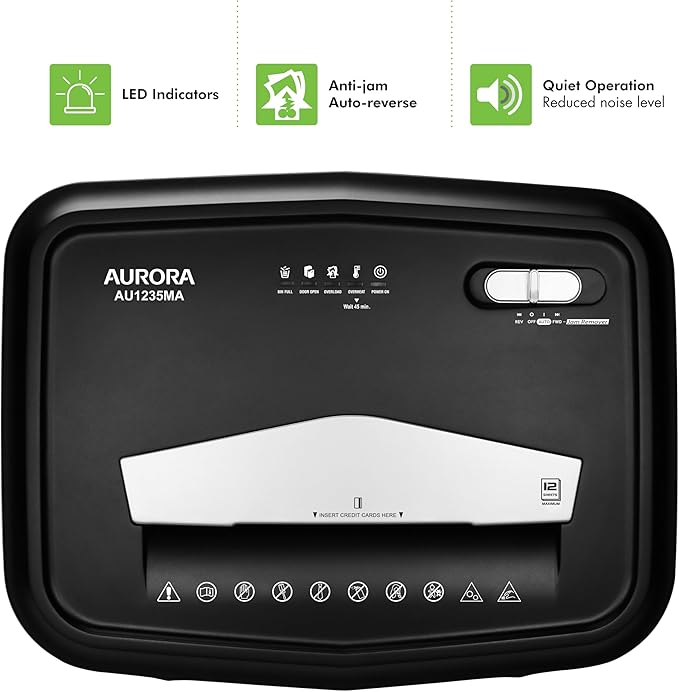 Aurora AU1235MA Professional Grade 12-Sheet High Security Micro-Cut Paper and Credit Card Shredder/ 20 Minutes Run/Security Level P-5