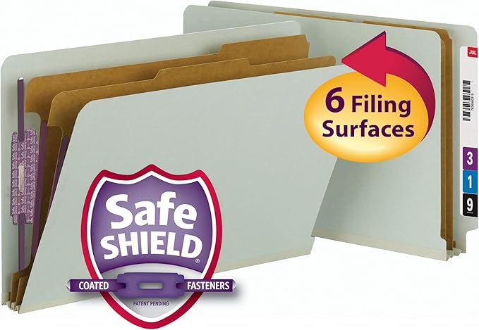 Smead File Folders, End Tab Pressboard Classification, Legal Size, 2 Dividers, 2" Expansion, SafeSHIELD Fasteners, 100% Recycled, Green, 10 per Box, Shelf Filing for Office Records