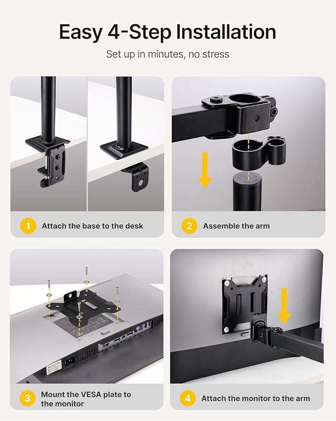 monTEK Single Monitor Stand for 17-32 inches Screen, Fully Adjustable Monitor Arm Desk Mount up to 22lbs Capacity, Computer Mount with C Clamp and Grommet Base, Max VESA 100x100mm