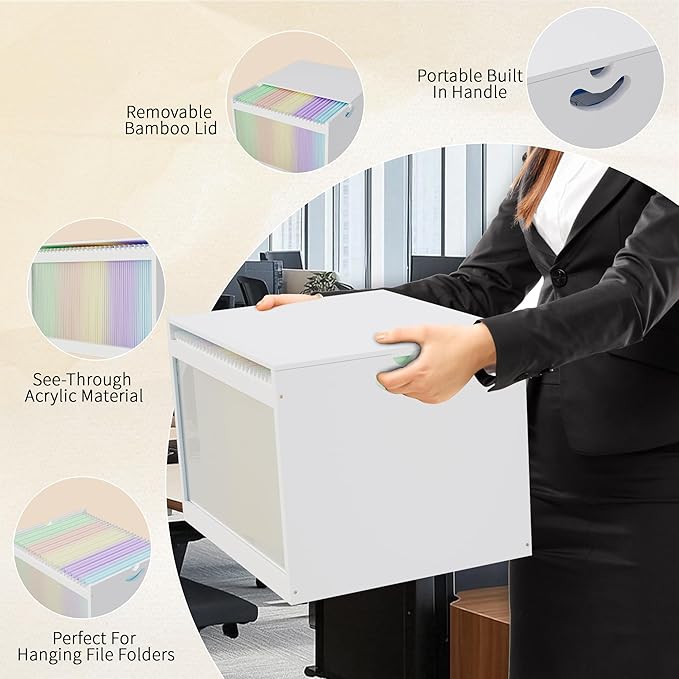 White Bamboo Acrylic File Box with Hanging Folders, Letter/Legal Size, Dustproof, Home Office File Organizer