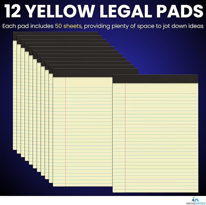 1InTheOffice Yellow Legal pads 8.5 x 11, Perforated Wide Ruled Writing Pads, Yellow Legal Pads 50 Sheets per Notepads, 12/Pack