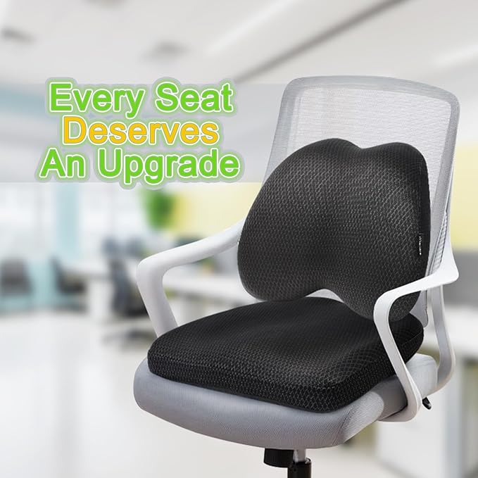 Lumbar Support Pillow Office Chair Car Back Pillow Ergonomic Lower Back Pain Relief Breathable Air Fiber Cushion with Hours Sitting on Worker Driver & Handicapped, Adjustable Strap (Black)
