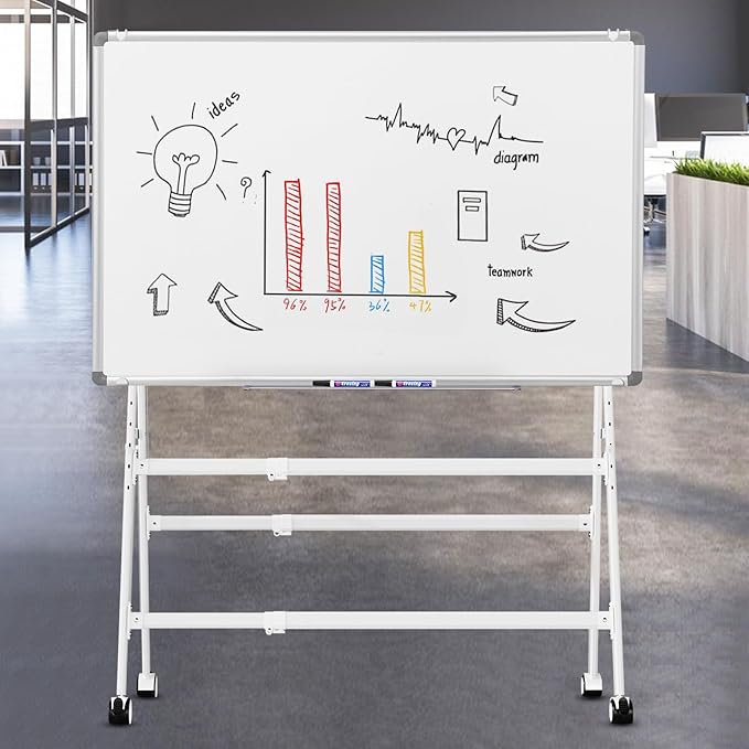 Double-Sided Magnetic Rolling Whiteboard, 48x36 Dry Erase Board - Adjustable Height & Width, A-Frame Foldable Easel Stand on Wheels