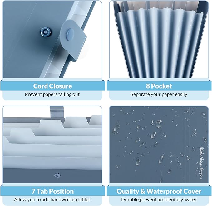 SKYDUE Expanding File Organizer with 8 Pockets, Accordion File Folders with Labels, Portable Document Paper Bill Receipt Organizer, Home College School Office Supplies, Letter Size, Blue