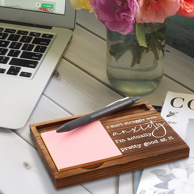 vizuzi Mental Health Sticky Note Holder Gift for Women, Coworkers, Humorous Wooden Desk Decor, I Don’t Struggle With Anxiety Quote Note Pad Holder, Sarcastic Office Gag Gift ZSS93