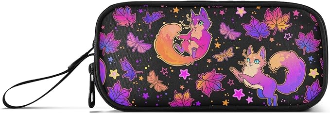 Purple Psychedelic Fox Cat Pencil Case Box Boys Girls Large Pencil Pouch with Zipper Compartments Big Capacity Stationery Pen Bag Organizer for Kids Teens Adults School