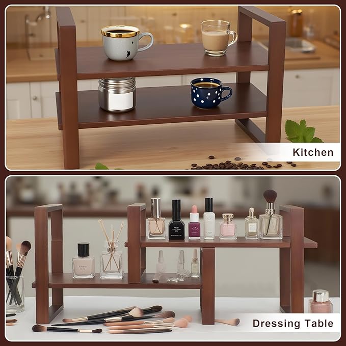 Desk Shelves Desktop Organizer Shelf - No Assembly Needed Holds 130lbs for Top of Desk Organizers and Accessories Corner Bookshelf Table Top Shelving in Office, Books, Bathroom Storage--Walnut Colour