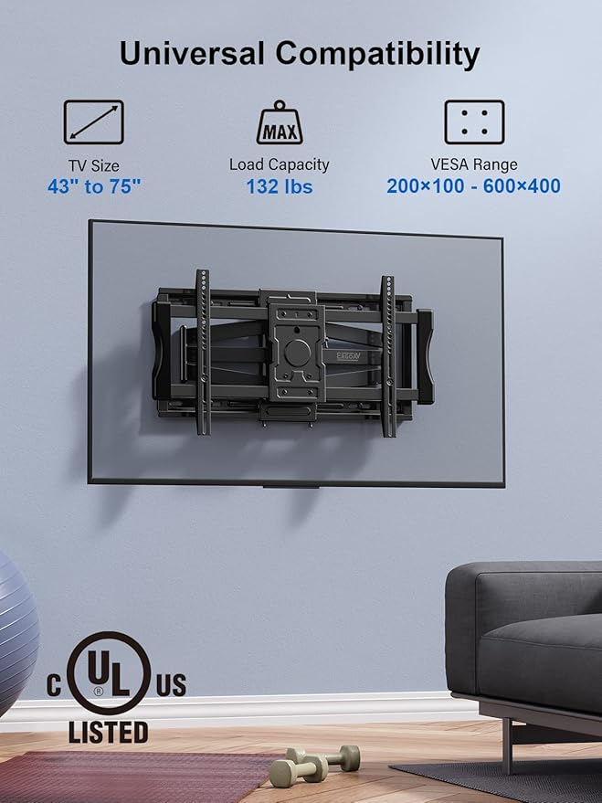 Universal Motion Mount, Dual Arm Design for TVs 43″ - 75″, Extends 24.2″, Dual Stud Mount, VESA 200x100mm to 600x400mm, Lateral & Level Adjustments, UL Tested, Weight Capacity 132 lbs Model ERMML1-01B