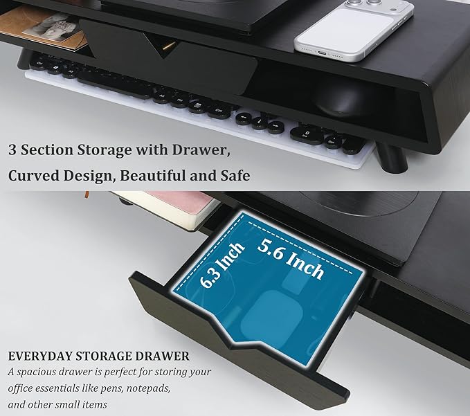 Homerays Monitor Stand with Drawer, Exquisite Computer Monitor Stand for Desk, Ergonomic Wood Monitor Stand Riser for Computer,Laptop,Printer,TV,Bamboo,Black