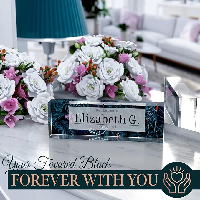 Desk Name Plate Personalized, Custom Name Plates 2½/x8 Inches, Thick Crystal-Clear Acrylic, Gift Box, Office Desk Decor. USA Made by ACRYLUXE (Bouquet)