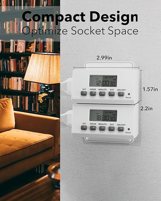 BN-LINK Indoor Digital Timer Outlet,24 Hour Light Timer Easy Programmable,Mini 2 Prong Plug in Timers for Electrical Outlets,Lamps,Fans,2 On/Off Programs,2 Pack,15A/1875W, ETL Listed