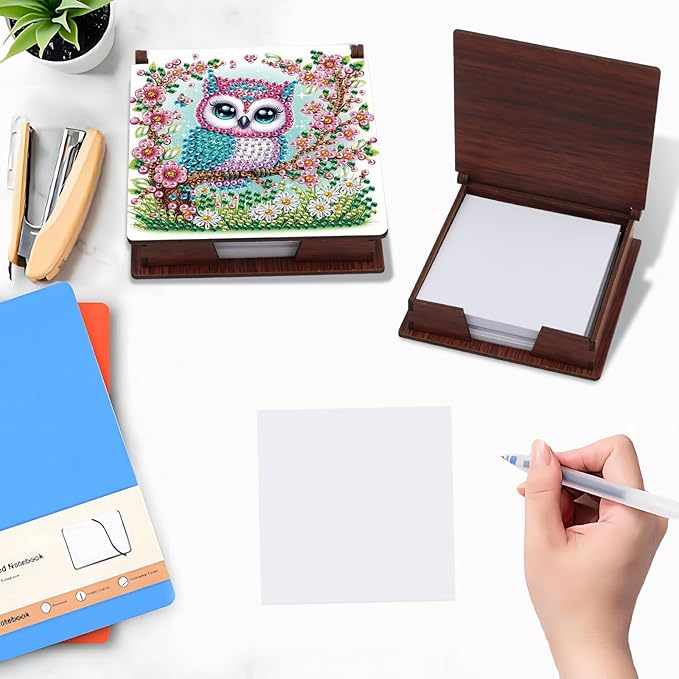 Wooden DIY Owl Diamond Art Notecard Box – DIY Gem Art Sticky Note Holder for Adults 160 Sheets Memo Pad Storage Desk