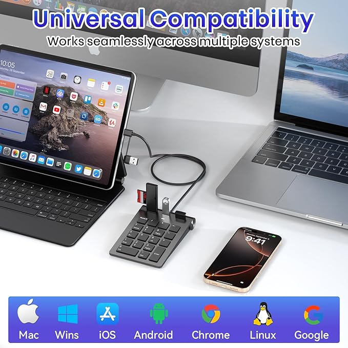 2-in-1 Number Pad & USB Hub with USB-C and USB-A Cables, 15° Ergonomic Wired Numpad with 3 USB 2.0 Ports , Number Keypad for Laptop/iPad/MacBook/PC/Windows/MacOS,No Adapter Needed USB Number Keypad