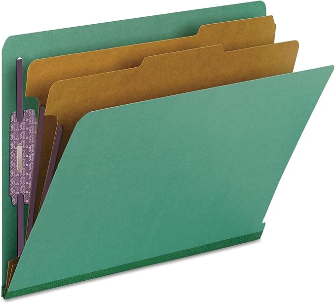 Smead 100% Recycled End Tab Pressboard Classification File Folder with SafeSHIELD Fasteners, 2 Dividers, 2" Expansion, Letter Size, Green, 10 per Box (26785)