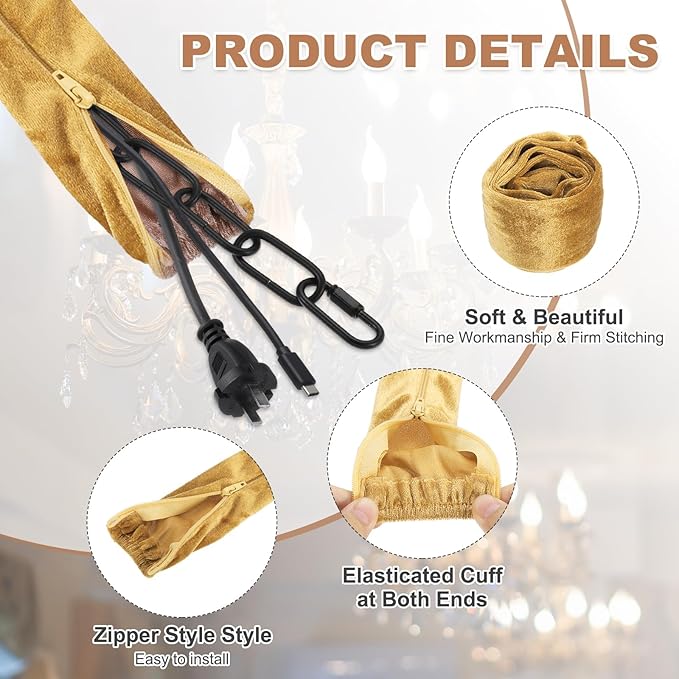 PATIKIL 3.3ft Chandelier Chain Cord Cover, 2 Pcs Velvet Cloth Fabric Chain Sleeve Decorative Cord Covers for Chandelier Wires Swing Cable, Zipper Style, Gold