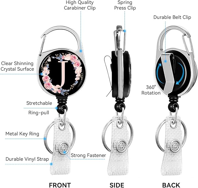 2 Pack A-Z Letter ID Badge Holder with Clip Badge Reels Retractable Heavy Duty,Keychain，ID Holder for School Nurse Office J