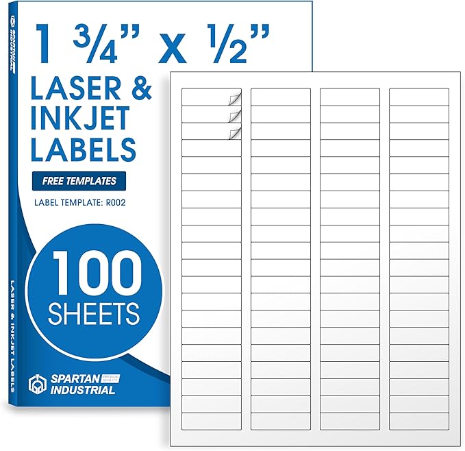 1.75" X 0.5" Matte White Printable Labels for Inkjet and Laser Printers - 100 Sheets, 8000 Custom Stickers for Return Address Labels, Price Tags, File Folders - Spartan Industrial Template R002