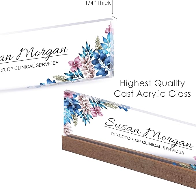 ARTBLOX | Office Personalized Name Plate Blue Leaf Design On Clear Acrylic Glass for Desk with Business Card Holder