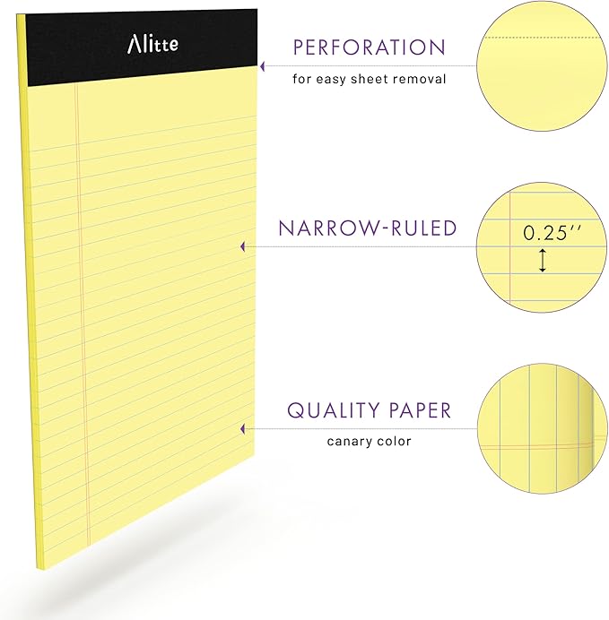 Alitte 5x8 Small Notebooks – 12 Pack Narrow Ruled, Yellow Perforated Note Pads with 50 Sheets Per Notepad, (No Ink Bleeding) Ideal Legal Pads for Writing, Note Taking, Home, Office, School