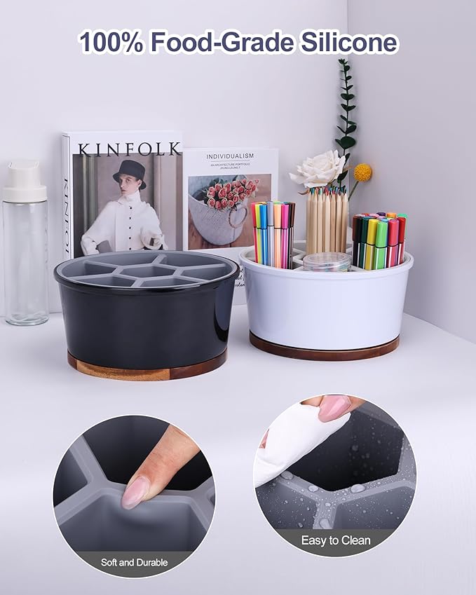 Pen Organizer For Crayon Marker Color Pencil, Lazy Susan Art Supply Storage Organizer, Pen Holder For Desk School Office Home White & Black