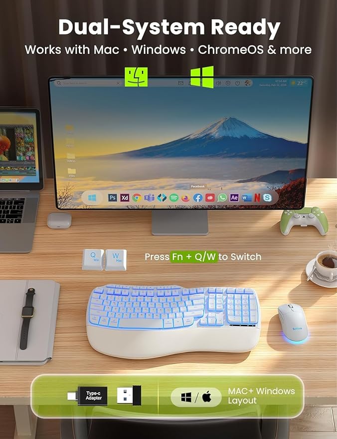White Wireless Keyboard and Mouse Combo, Light up Ergonomic Keyboard Set, 2.4G Full Size Ergo Wave Key Board with Cushioned Plam Rest, Silent Mouse, for Computer/Laptop/Windows/Mac, Sablute