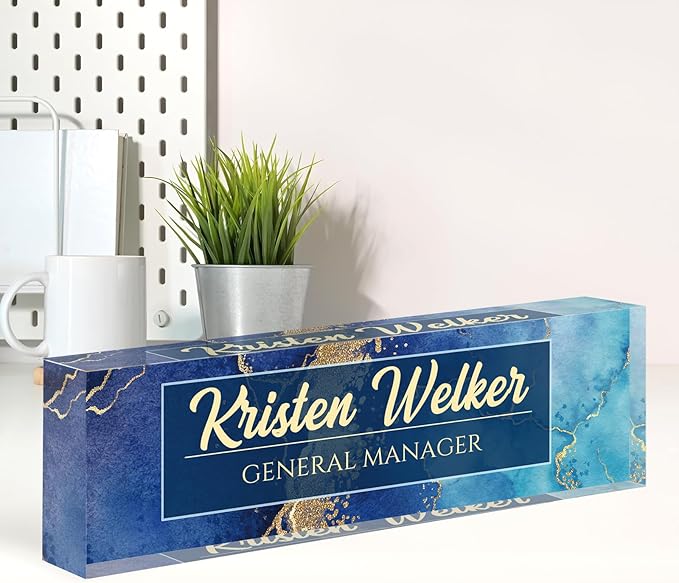 Name Plate for Desk, Desk Name Plate Personalized, Blue Office Decor for Women Men, Acrylic Desktop Accessories, Office Gifts for Boss Nurse Teacher Coworker, Employee Appreciation Gift (Blue Coast)