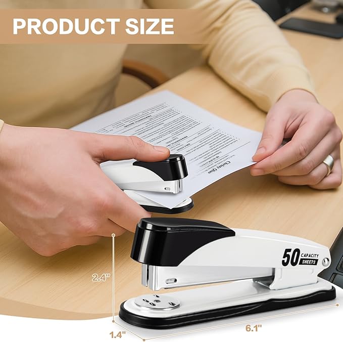 Deli Stapler Heavy Duty, Full Strip Staplers for Desk with 2000 Staples and Staple Remover, 50 Sheet Capacity, No Jam, Non-Slip Office Stapler with Staples for Office, Classroom, White