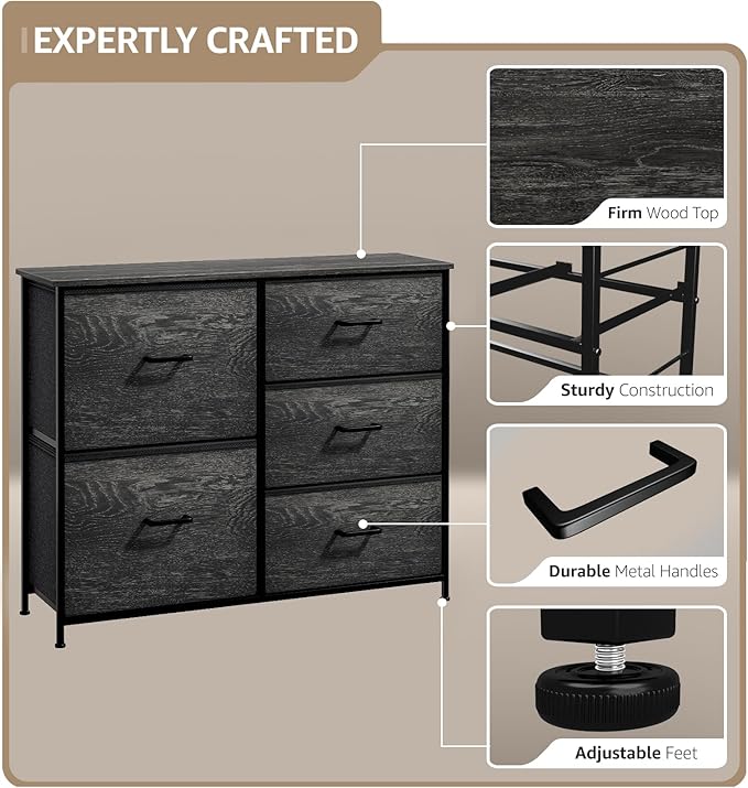 Sorbus Dresser with 5 Faux Wood Drawers - Storage Unit Organizer Chest for Clothes - Bedroom, Hallway, Living Room, Closet, & Dorm Furniture - Steel Frame, Wood Top, & Easy Pull Fabric Bins