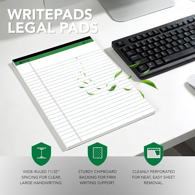 KAISA Legal Notepads 8.5"x11.75"，12pads 600 Sheets note pads Writing Pads Recycled Paper, Wide Ruled Perforated 50 sheets Hard Back Notepads 8-1/2"x 11-3/4" Writing Tablet Canary For Office Supplies (Pack of 12pc) KSU-5293