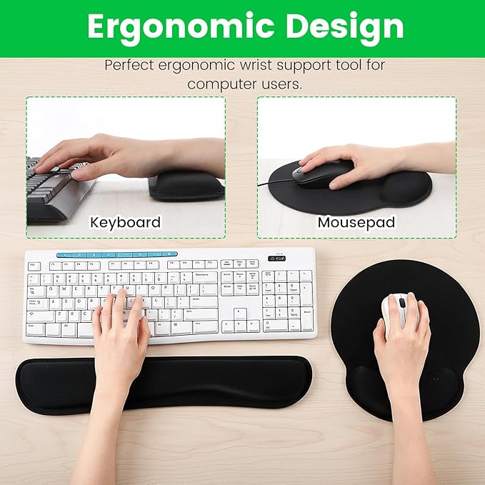 6 Pcs Mouse Pad and Keyboard Wrist Rest - Ergonomic Wrist Pad for Computer Keyboard and Mouse Pad, Memory Foam Wrist Support for Comfy Typing (Classic Black)
