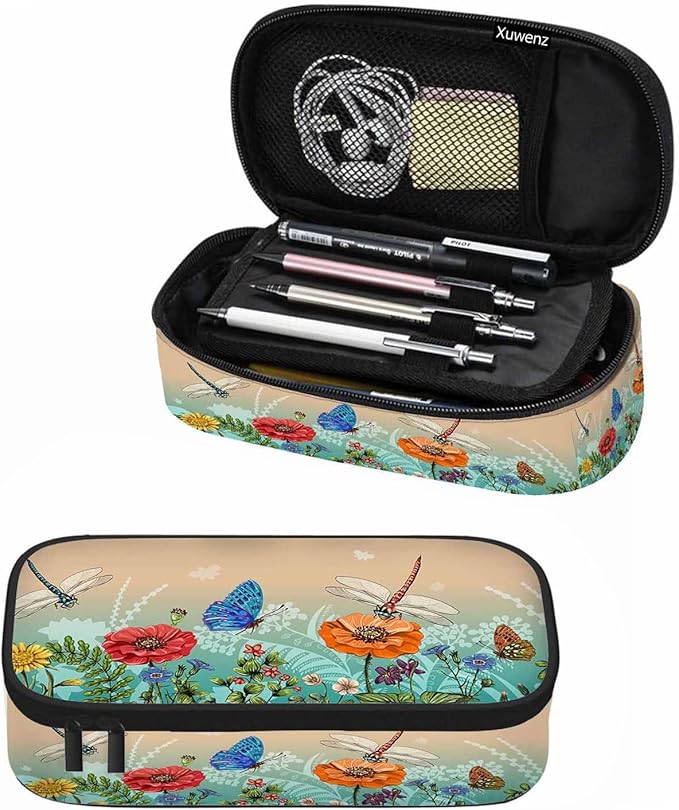 Dragonflies Butterflies Pencil Case Flowers Grass Plants Summer Pencil Bag Pen Markers Pouch Holder Organizer for Boy Girl School Students