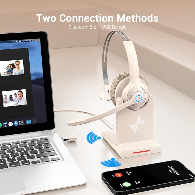 JIAMQISHI Bluetooth Headset - Wireless Headset with Noise Cancelling Microphone, V5.2 Computer Headphones with USB Dongle, Charging Base & Mic Mute for Work/Call Center/PC/Laptop/Online Class/Zoom