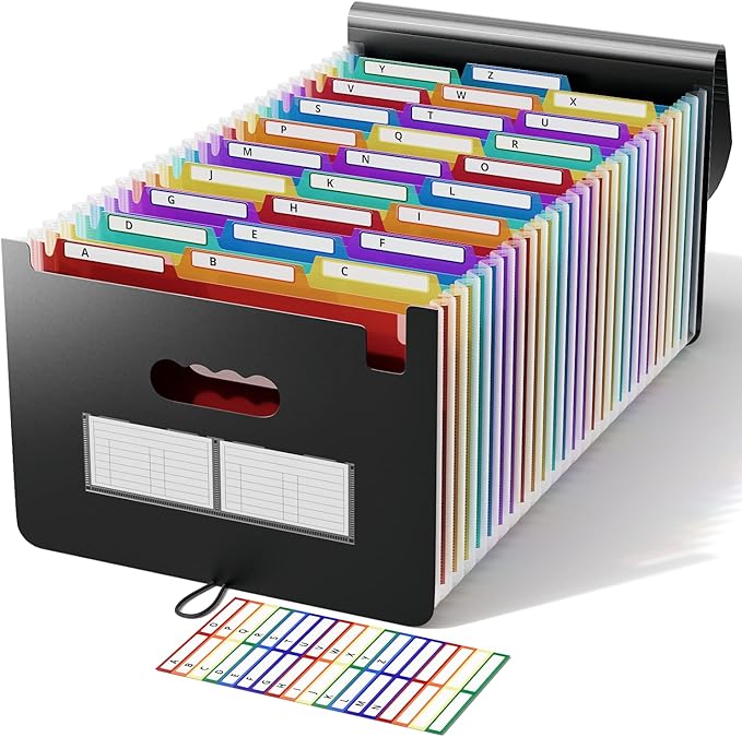 ABC life 26 Pockets File Organizer, Expanding File Folder A4 Letter Size, Portable Monthly Paper Bill Tax Receipt Organizer, Document Holder with Labels, A-Z Alphabetical Colored Tabs - Black