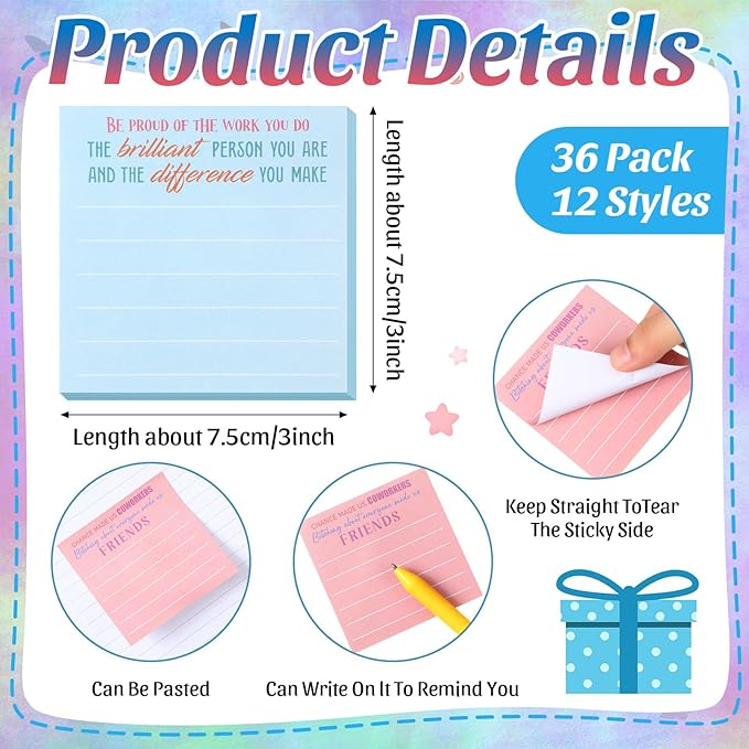 Yinder 24 Pcs Employee Appreciation Sticky Notes New Year Gift Bulk Motivation Sticky Note Pads Inspirational Gift for Teacher Nurse Staff Coworker Office Supply 3 x 3'' (Appreciation,Bright)