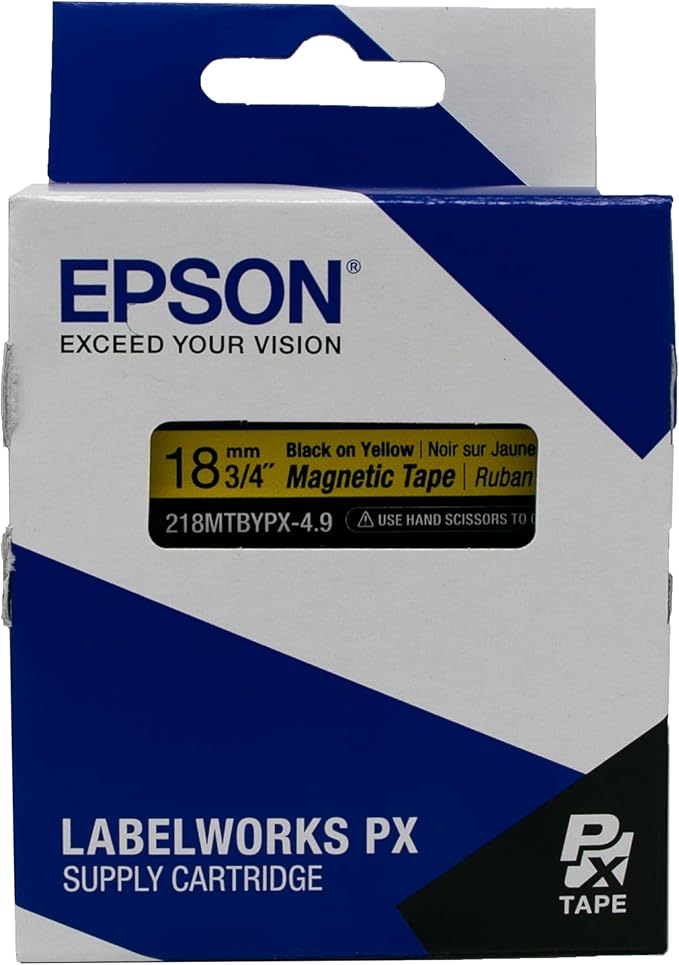 Epson LABELWORKS 218MTBYPX-4.9 Genuine Magnetic Tape Cartridge - Black on Yellow Magnet Label Maker Tape - 3/4" (18MM) Wide, 4.9 ft, Yellow