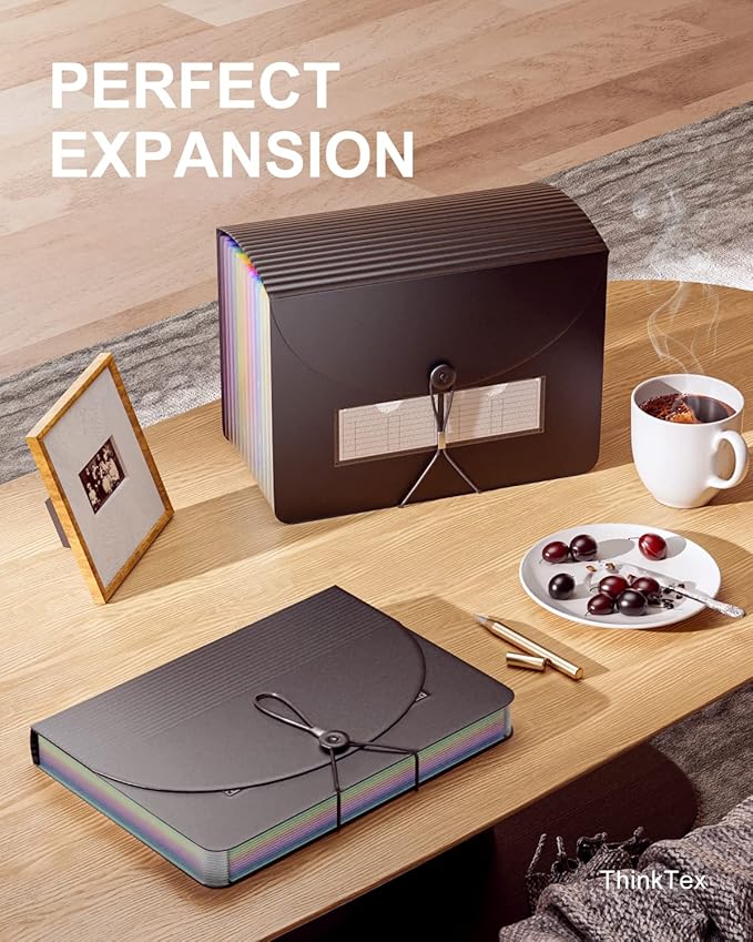 ThinkTex Accordion File Organizer, 12 Pockets Monthly Bill Receipt Organizer, Portable Expanding File Folders, Multi-Color Tabs, Letter/A4 Size - 2 Packs