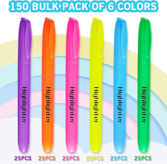 Duchong Highlighters Bulk, 150 Highlighters in 6 Assorted Colors, Chisel Tip Dry-Quickly Highlighter Markers, Office Classroom Must Have, Back to School Supplies for Adult Kids Teachers