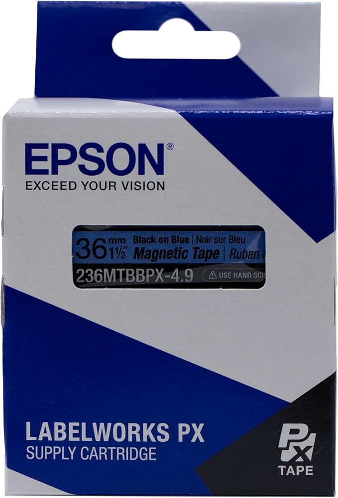 Epson LABELWORKS 236MTBBPX-4.9 Genuine Magnetic Tape Cartridge - Black on Blue Magnet Label Maker Tape - 1.5" (36MM) Wide, 4.9 ft, Blue