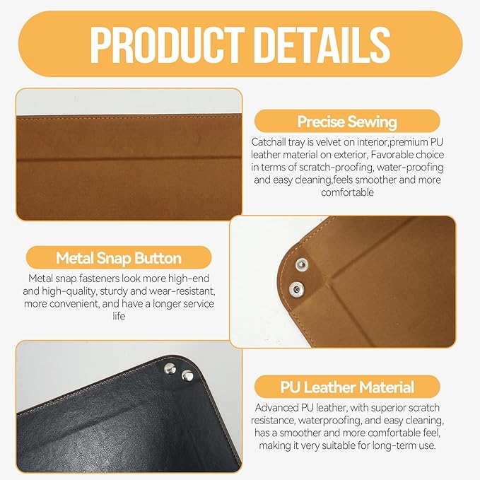 PU Leather Jewelry Valet Tray for Women and Men, Premium Catchall Tray for Keys Wallet Watch Jewelry Glasses and Candy, Large Nightstand or Dresser Organizer 8x6 Inch Brown