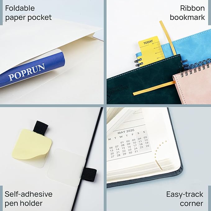 POPRUN Weekly Planner 2026 Pocket Size Calendar (4" x 6.25") 12 Months Notebook with Horizontal Layout, Leather Soft Cover, Inner Pocket, 100GSM Thick Paper, Pen Holder - Cerulean Blue