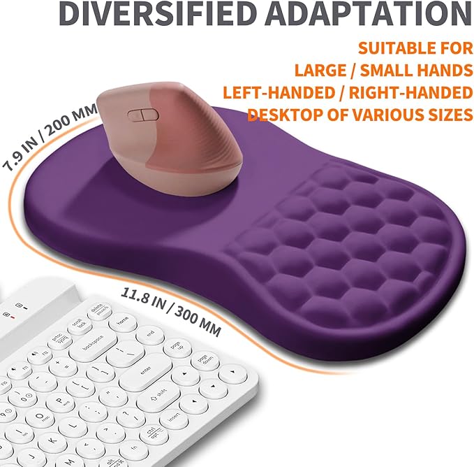 Ergonomic Joint Wrist Support Mouse Pad with Memory Foam Cushion Massage Bump, Carpal Tunnel Pain Relief Mousepad Slope Design for Wrist Rest, 11.8x7.9 in, Dark Violet